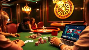 Players enjoy poker and roulette at a luxurious casino while featuring 28bet's online interface.