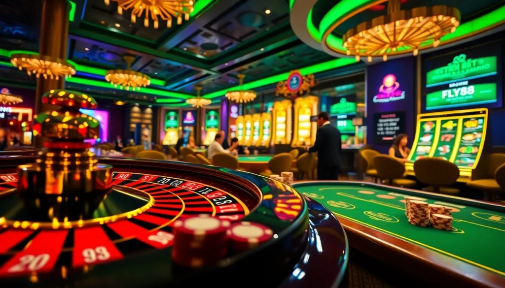 Experience the thrill of gambling with link dự phòng FLY88 prominently featured at an exciting casino scene.