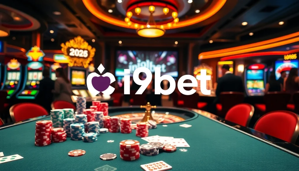 I9BET casino scene with poker chips and vibrant slot machines showcasing the thrill of online gambling.