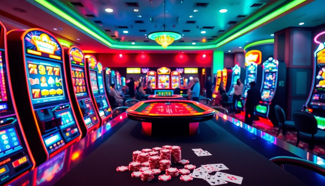 Un casino francais en ligne animé avec des machines à sous brillantes et une table de poker.