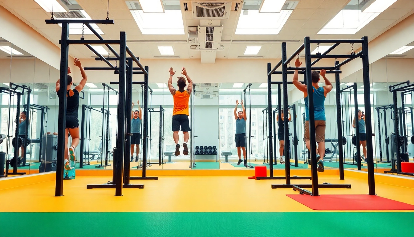 Exercice sur équipements callisthénie dans une salle de sport moderne et lumineuse