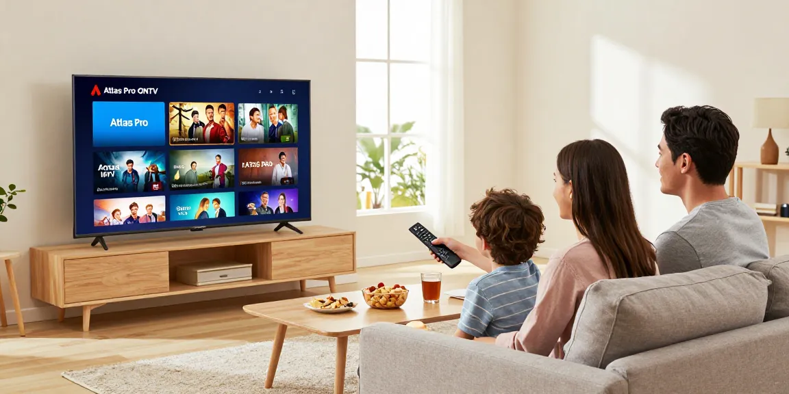 Family enjoying Atlas Pro ONTV on Smart TV in cozy living room.