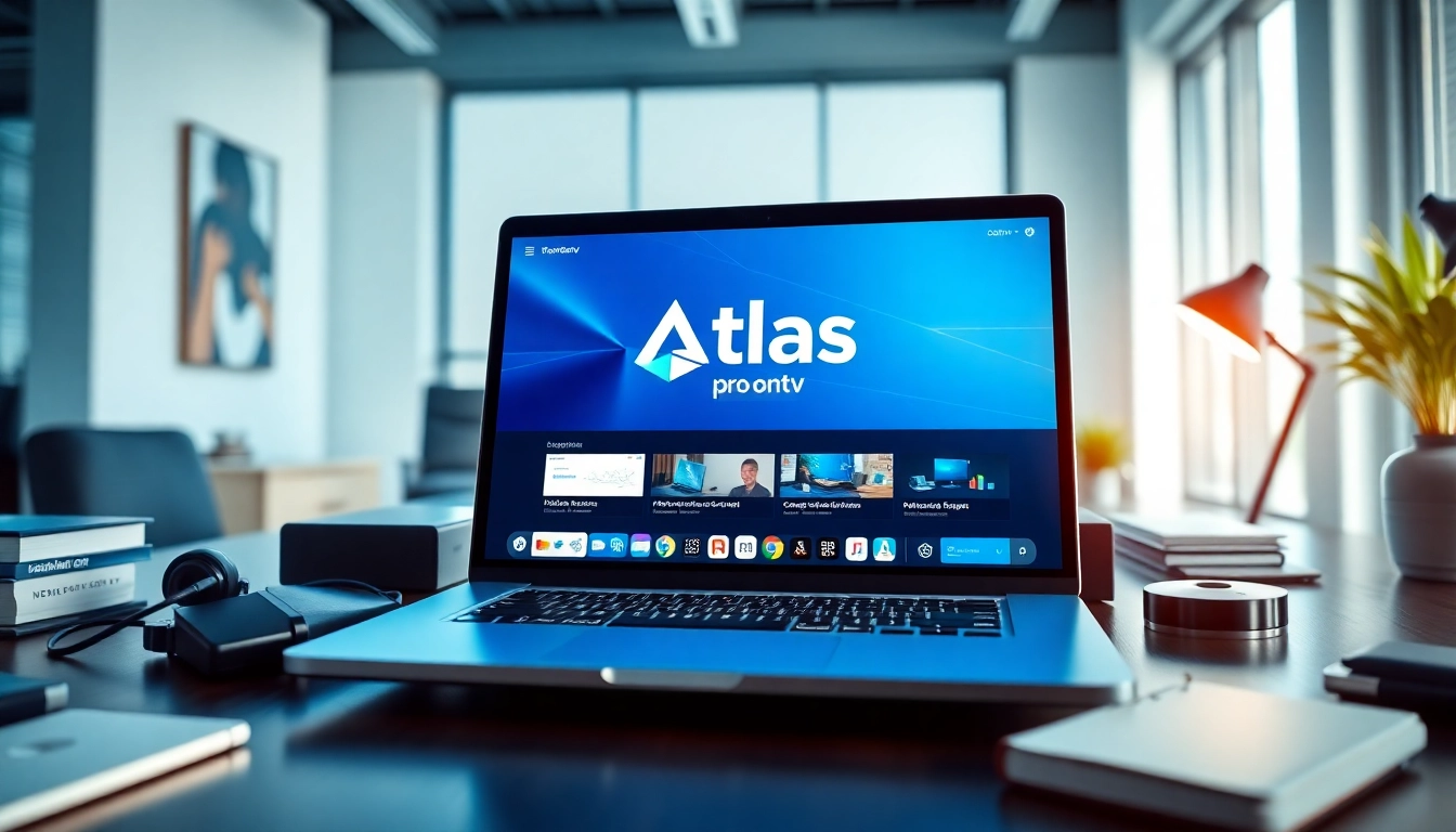 Écran montrant Atlas pro ontv sur un ordinateur portable moderne dans un bureau lumineux.