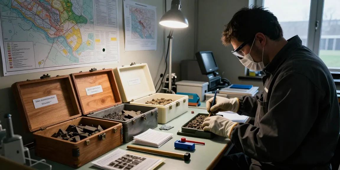Technicien examinant des boîtes de carottes de forage dans un atelier industriel avec des échantillons de carottes, des outils et des cartes géologiques.
