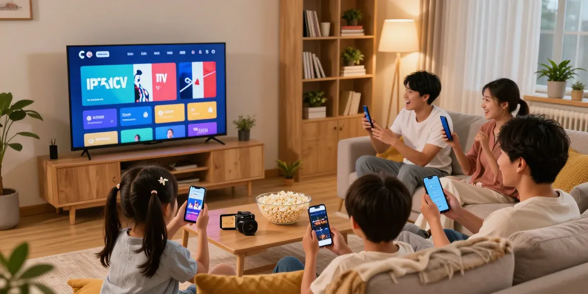 France IPTV en famille, streaming sur plusieurs appareils dans un salon chaleureux.