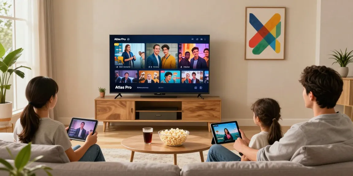 Family streaming Atlas Pro IPTV on smart TV in a cozy living room.