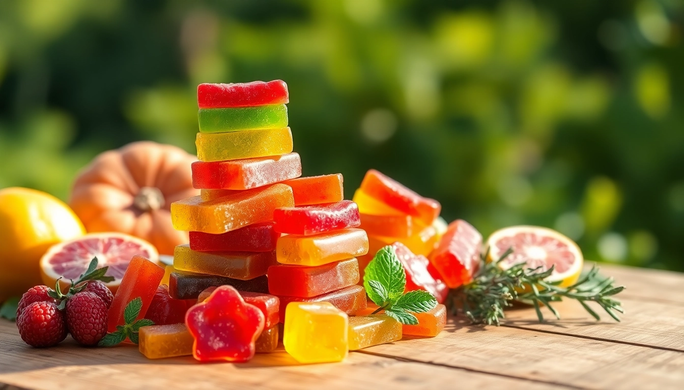 Shop THC Gummies Online Europe with delicious and colorful gummy candies displayed artfully.