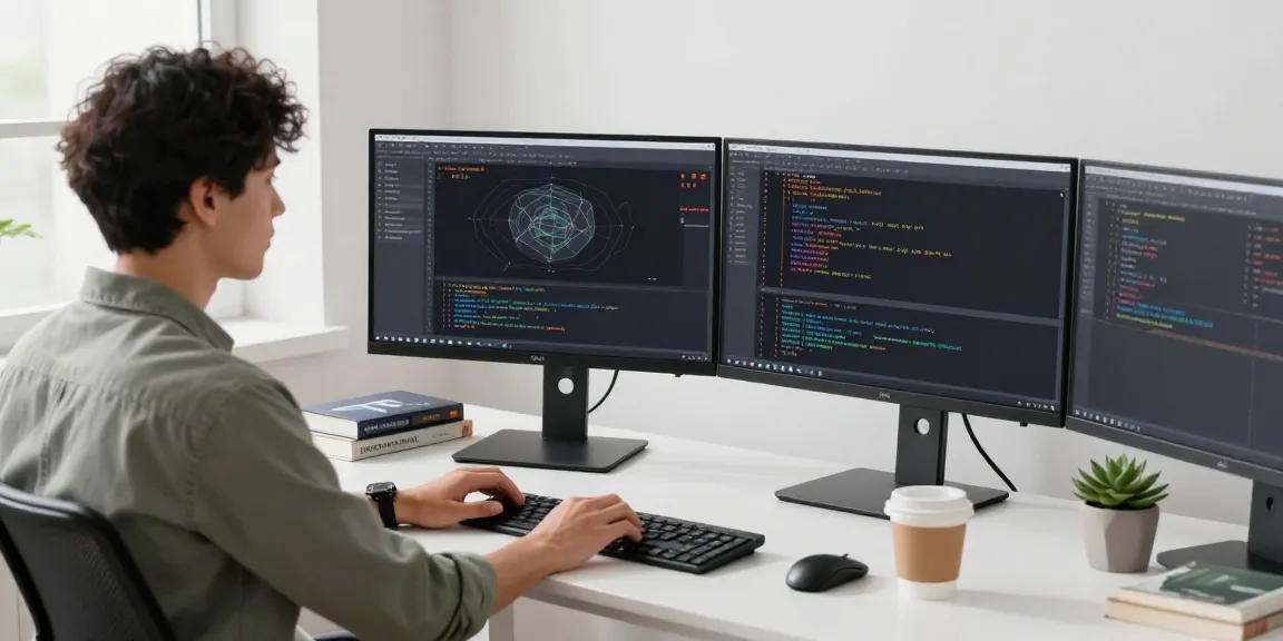 Création de modèles 3D par intelligence artificielle dans un bureau moderne, développeur devant deux écrans avec du code et la modélisation 3D