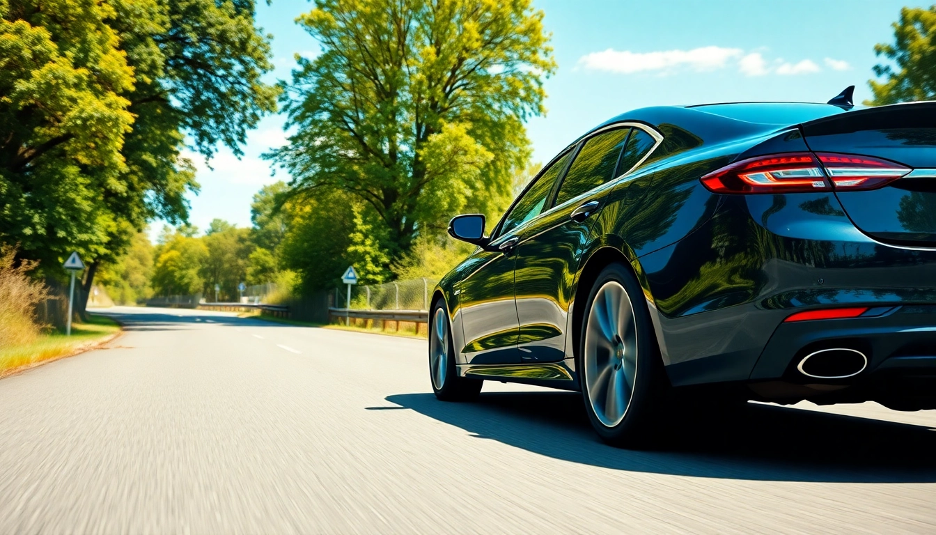 Comparing assurance auto options pour une voiture élégante sur une route panoramique.