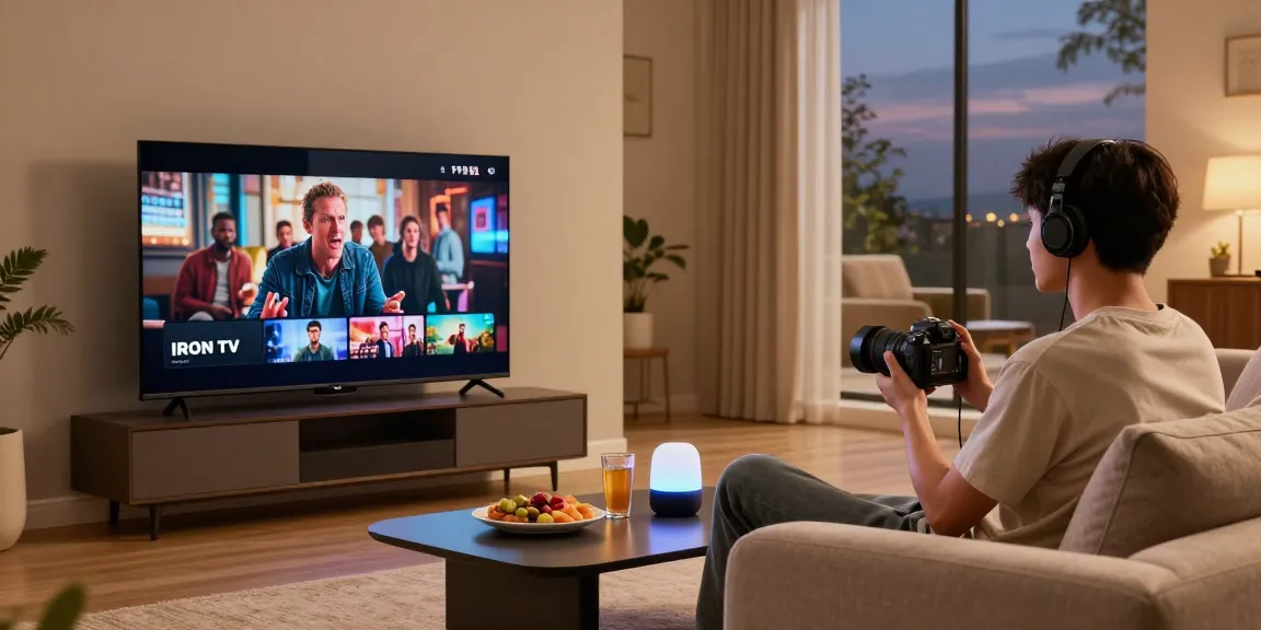 Un jeune adulte profitant de la diffusion IRON TV sur une télévision intelligente dans un salon élégant