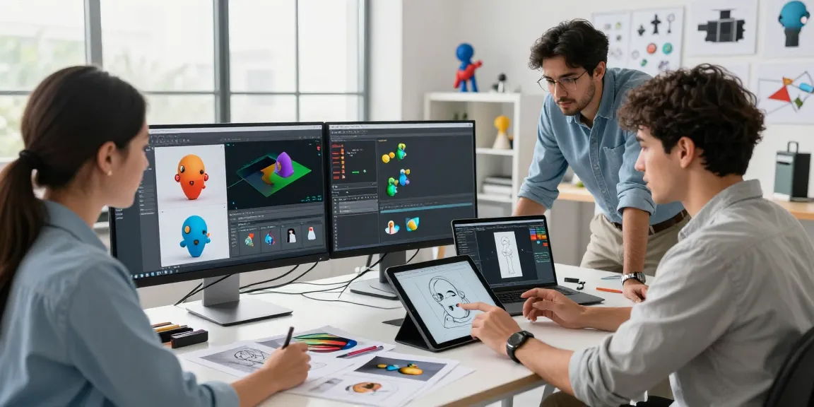 Creating modeles 3D par intelligence artificielle in a modern 3D design studio with professionals collaborating on innovative projects.