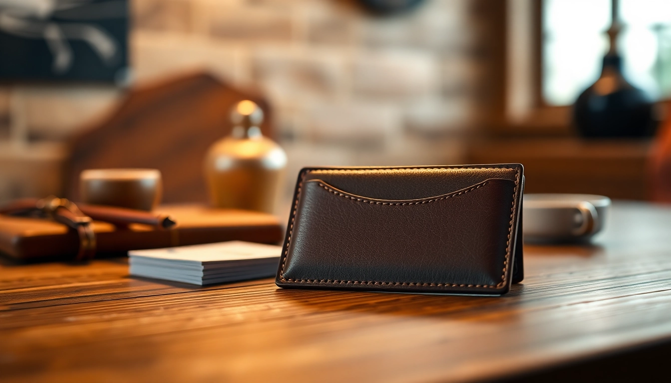 Un porte cartes cuir élégant avec une texture lisse sur une table en bois.