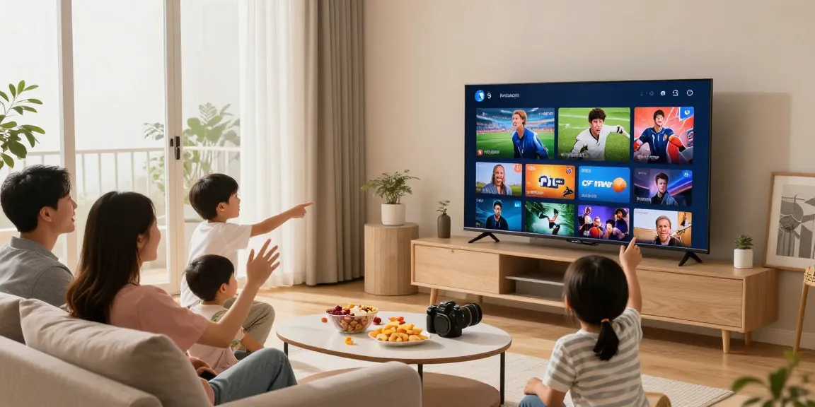 Abonnement IPTV avec une famille profitant de leur service de télévision dans un salon moderne.