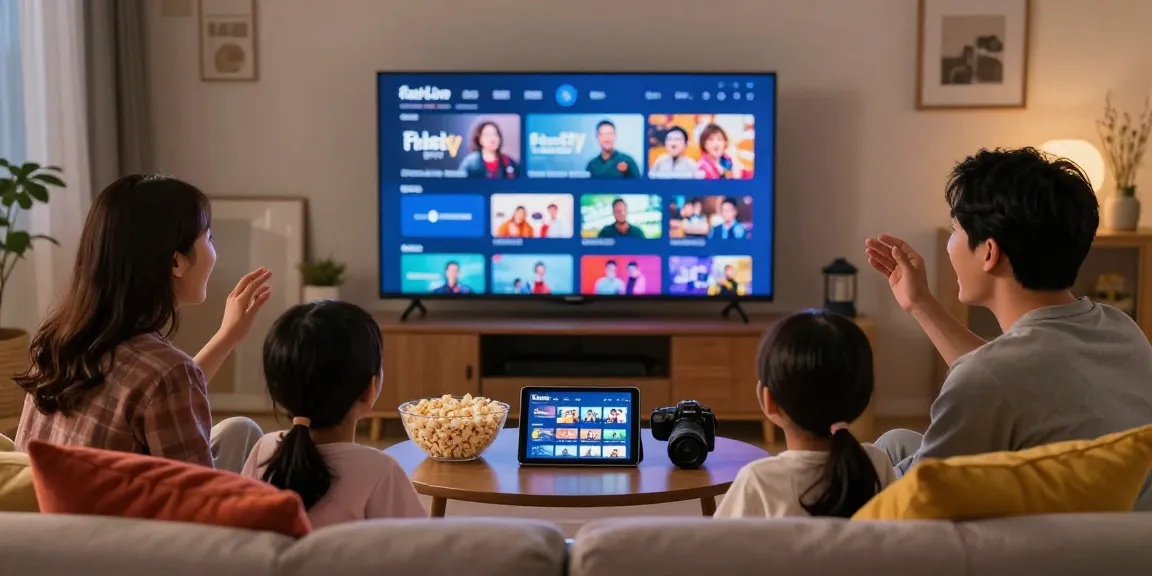 Profitez de l'abonnement IPTV avec votre famille lors d'une soirée cinéma dans un salon chaleureux.
