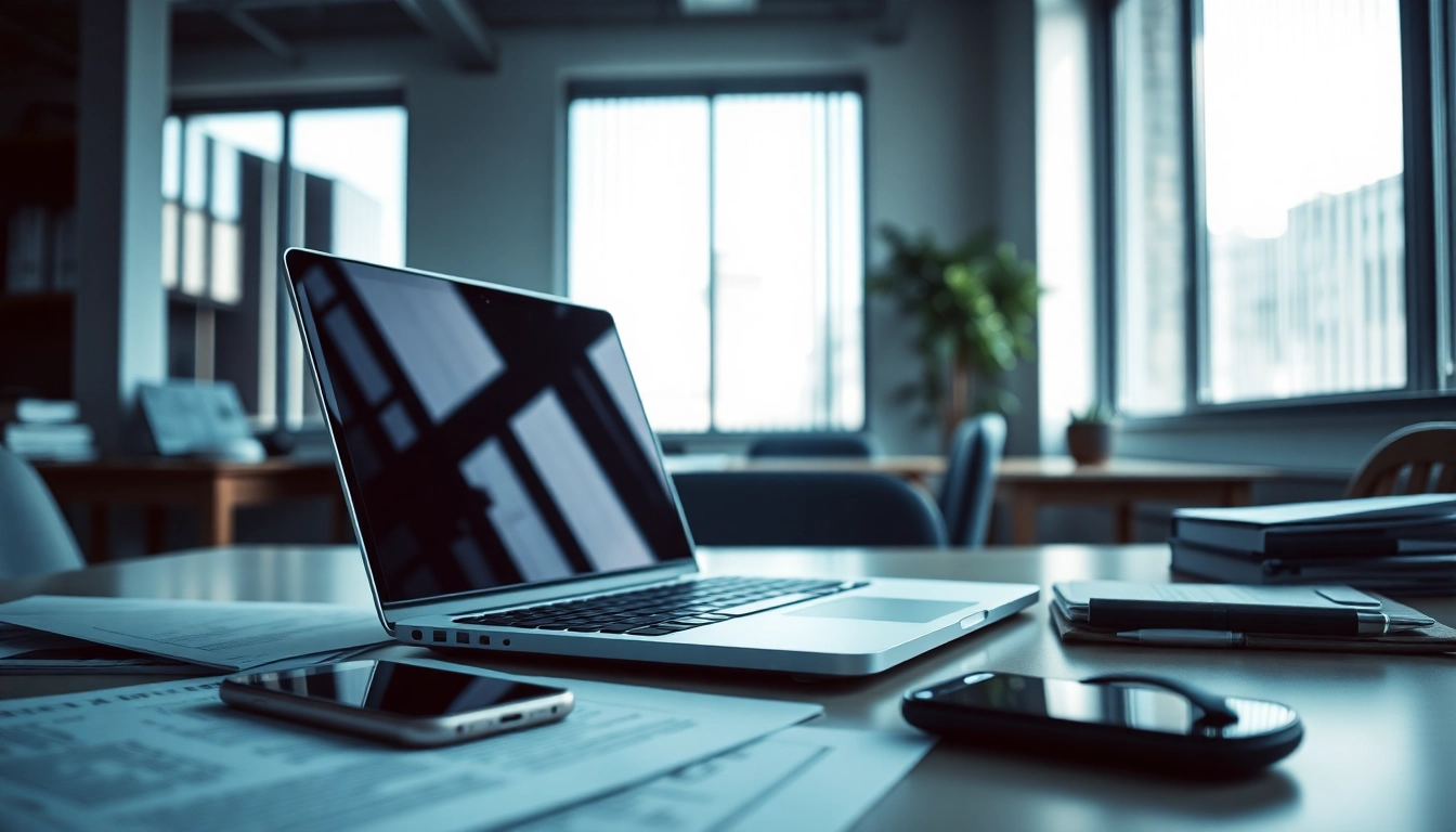 Visualisation d’un logiciel espion sur un bureau avec un ordinateur portable et des documents.