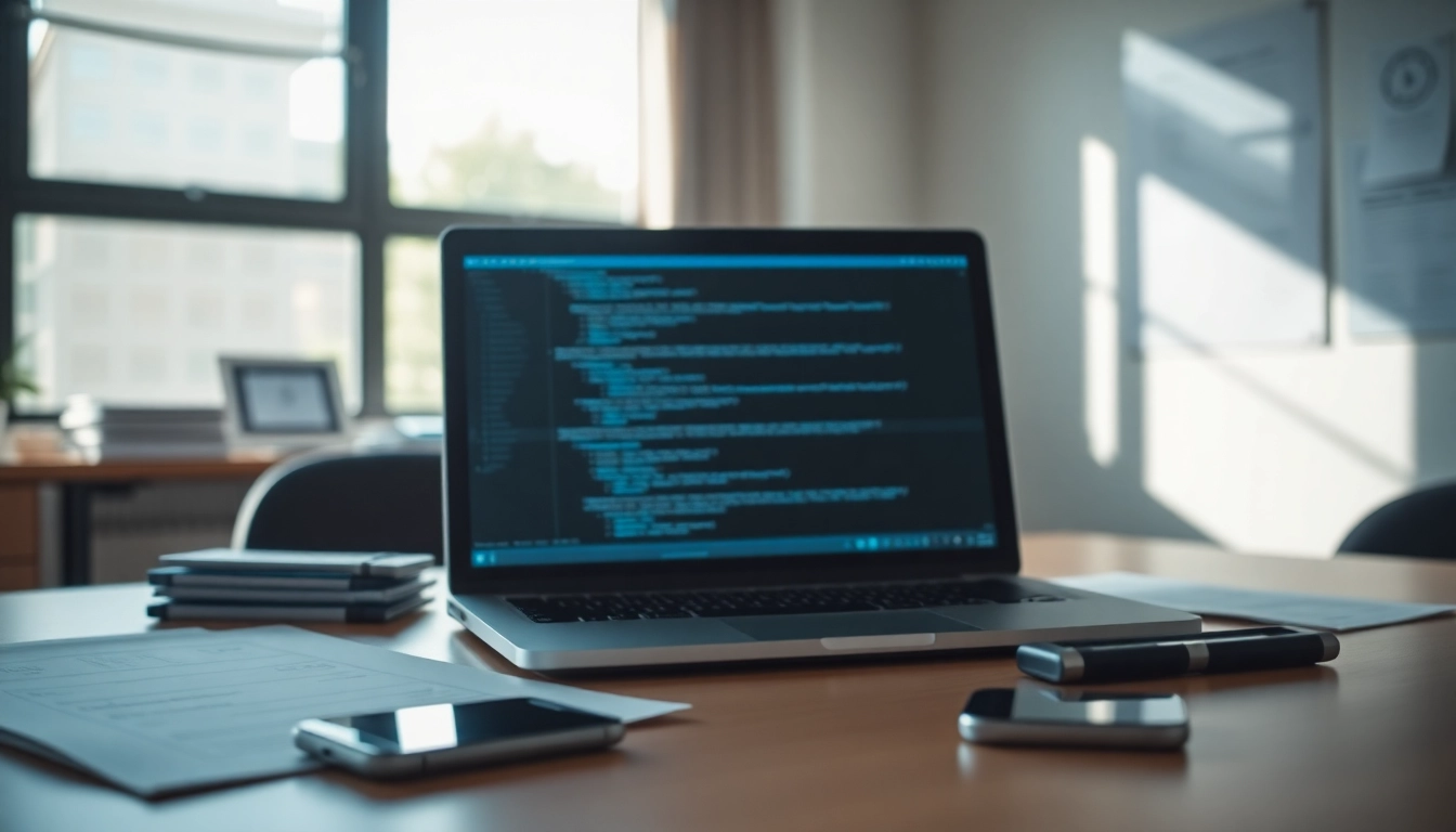 Visualisation d’un logiciel espion sur un bureau avec un ordinateur portable et des documents. related image