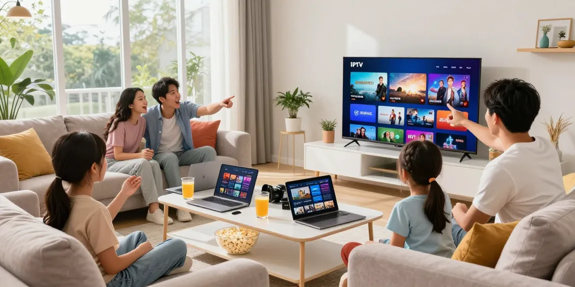 Abonnement IPTV pour une famille profitant de la télévision en direct dans un salon moderne.
