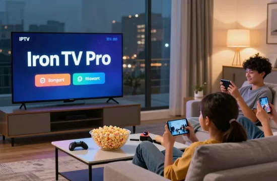 Une famille profite de Iron TV Pro avec un cinéma à domicile, ambiance cozy.