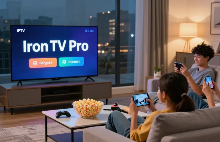 Une famille profite de Iron TV Pro avec un cinéma à domicile, ambiance cozy.