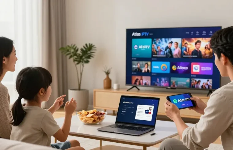 Famille profitant d'Atlas Pro ONTV dans leur salon, regardant des programmes en direct.