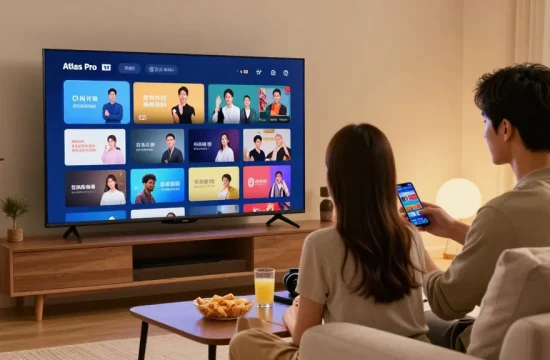 Couple profitant d'Atlas pro ontv sur un téléviseur dans un salon moderne.